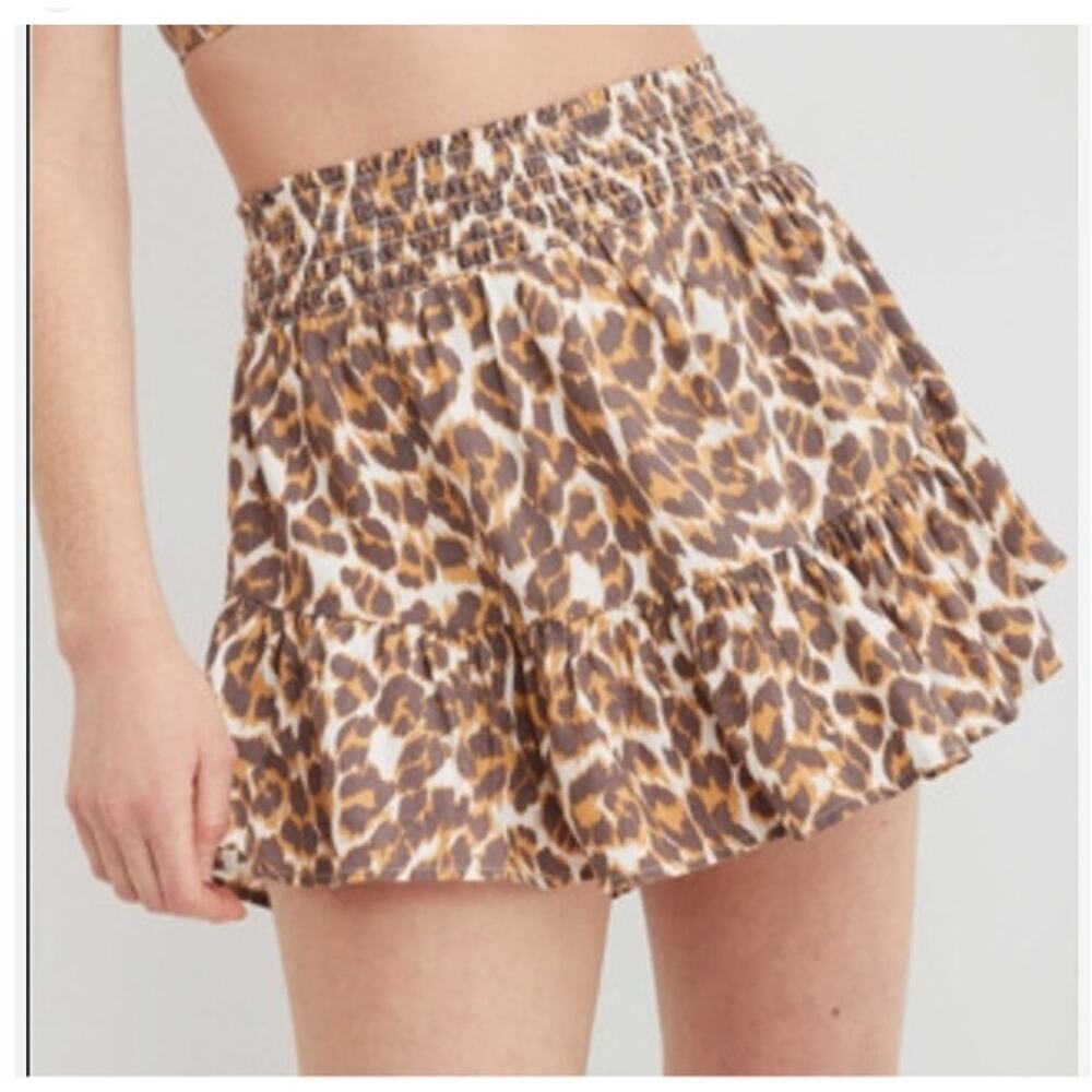 Aerie Womens Linen Blend Leopard Print Ruffle Mini Skirt Sz M Boho Elastic Waist